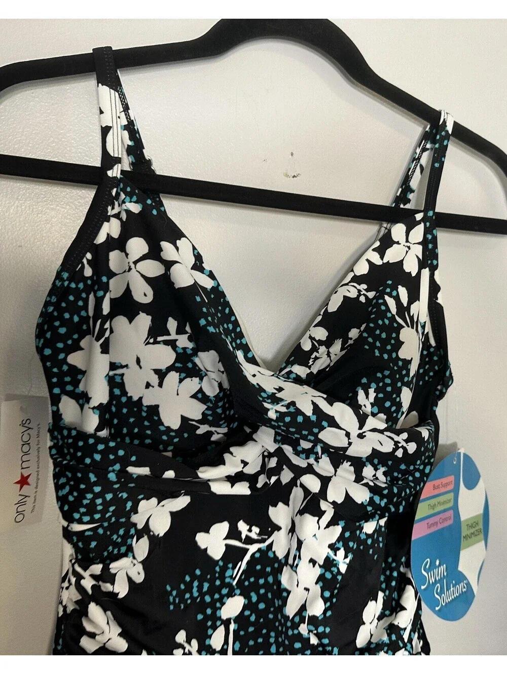 NWTS Swim Solutions Macys Slimming 1 Pc Black Floral Ruffled Ruched Swimsuit 14.